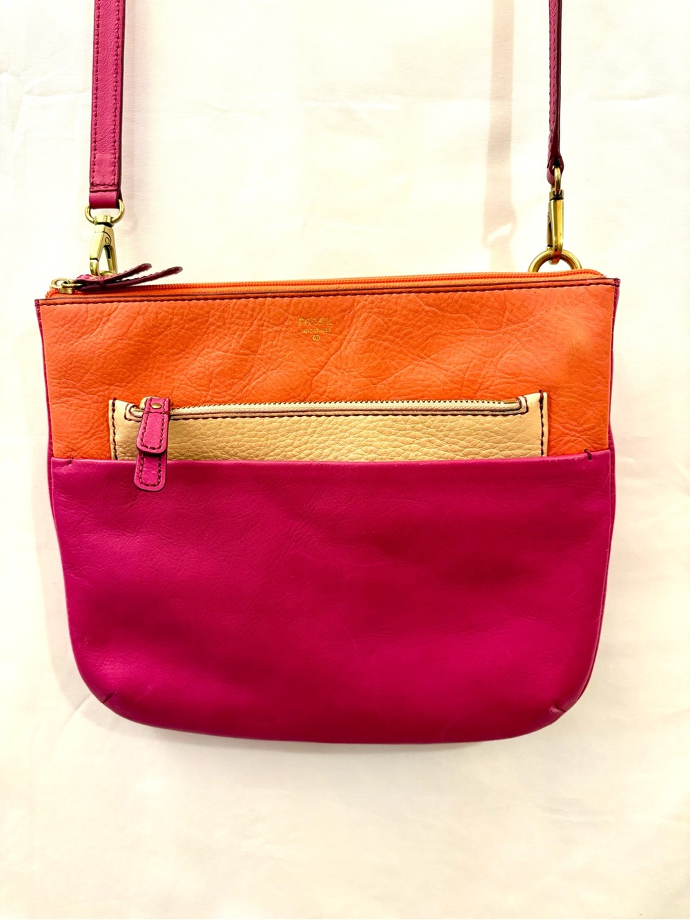 Women's Fossil Colorblock Leather Crossbody Bag - Pink, Orange, Cream